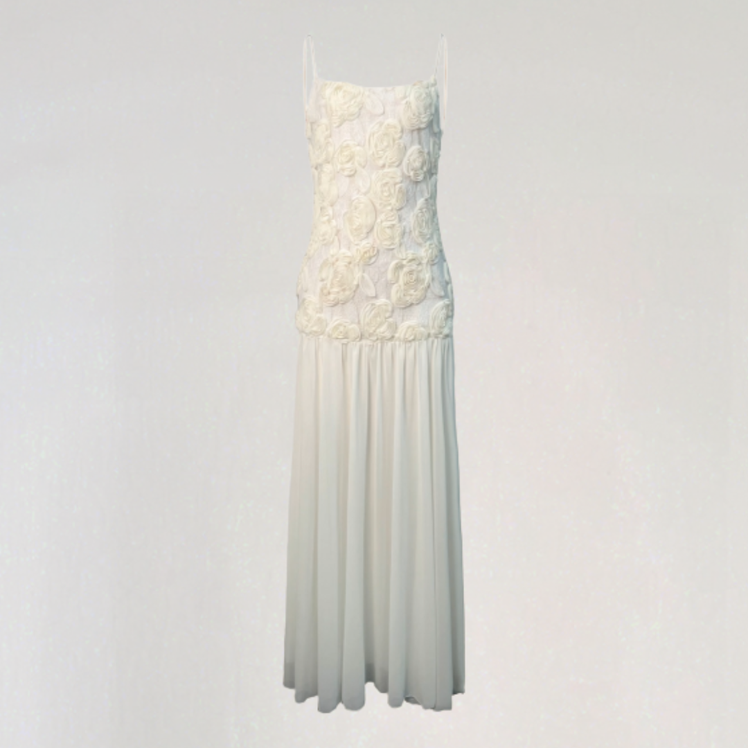 Amara Floral Appliqué Pleated Chiffon Maxi Dress