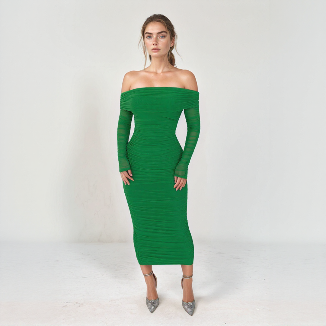 Aurelia Off-Shoulder Mesh Ruched Midi Dress