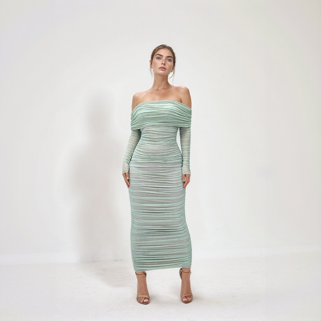 Aurelia Off-Shoulder Mesh Ruched Midi Dress