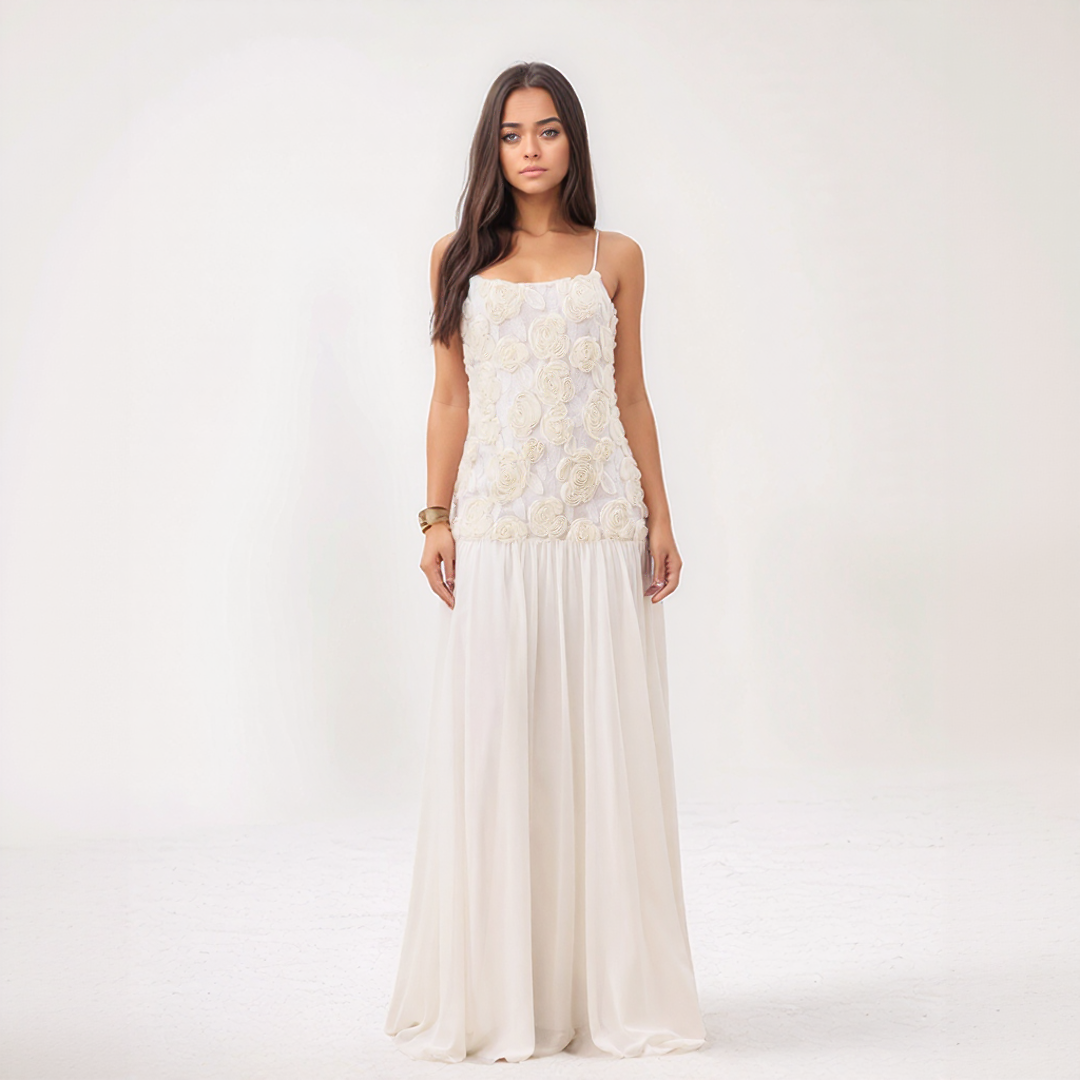 Amara Floral Appliqué Pleated Chiffon Maxi Dress