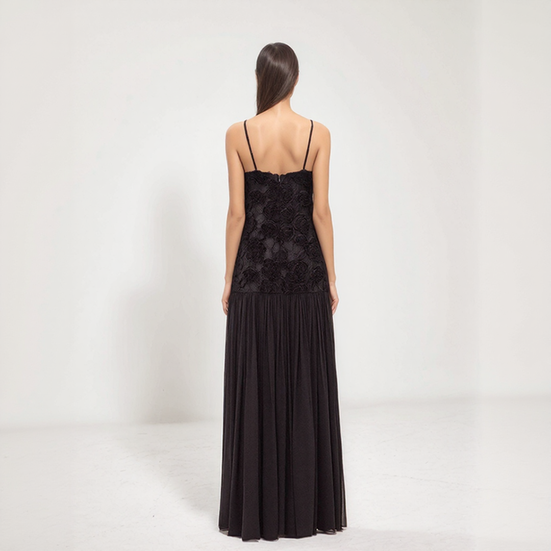 Amara Floral Appliqué Pleated Chiffon Maxi Dress