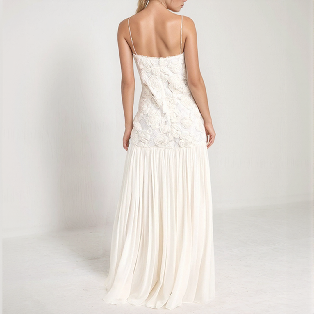 Amara Floral Appliqué Pleated Chiffon Maxi Dress