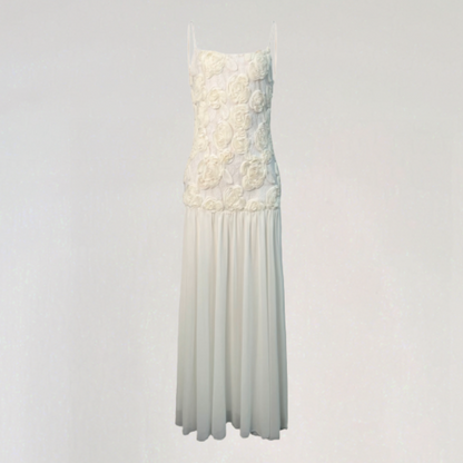 Amara Floral Appliqué Pleated Chiffon Maxi Dress