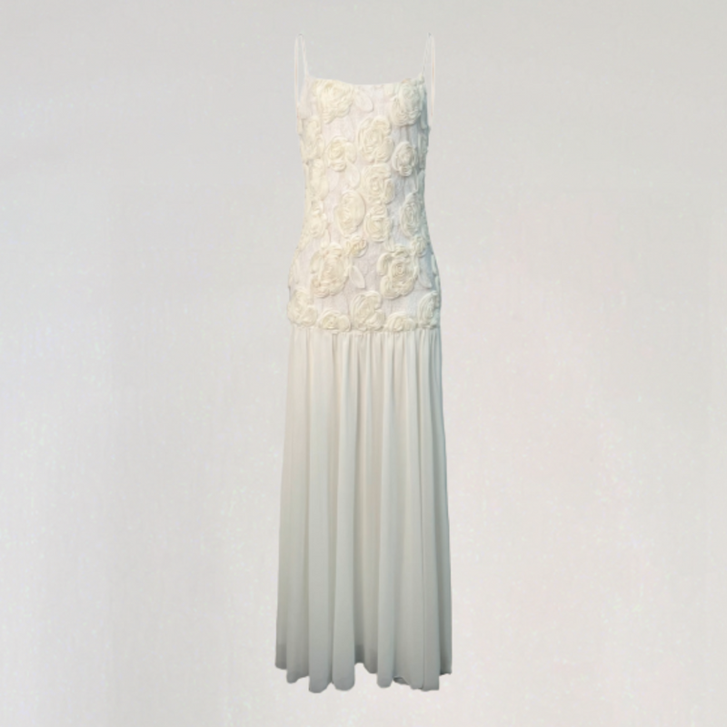 Amara Floral Appliqué Pleated Chiffon Maxi Dress