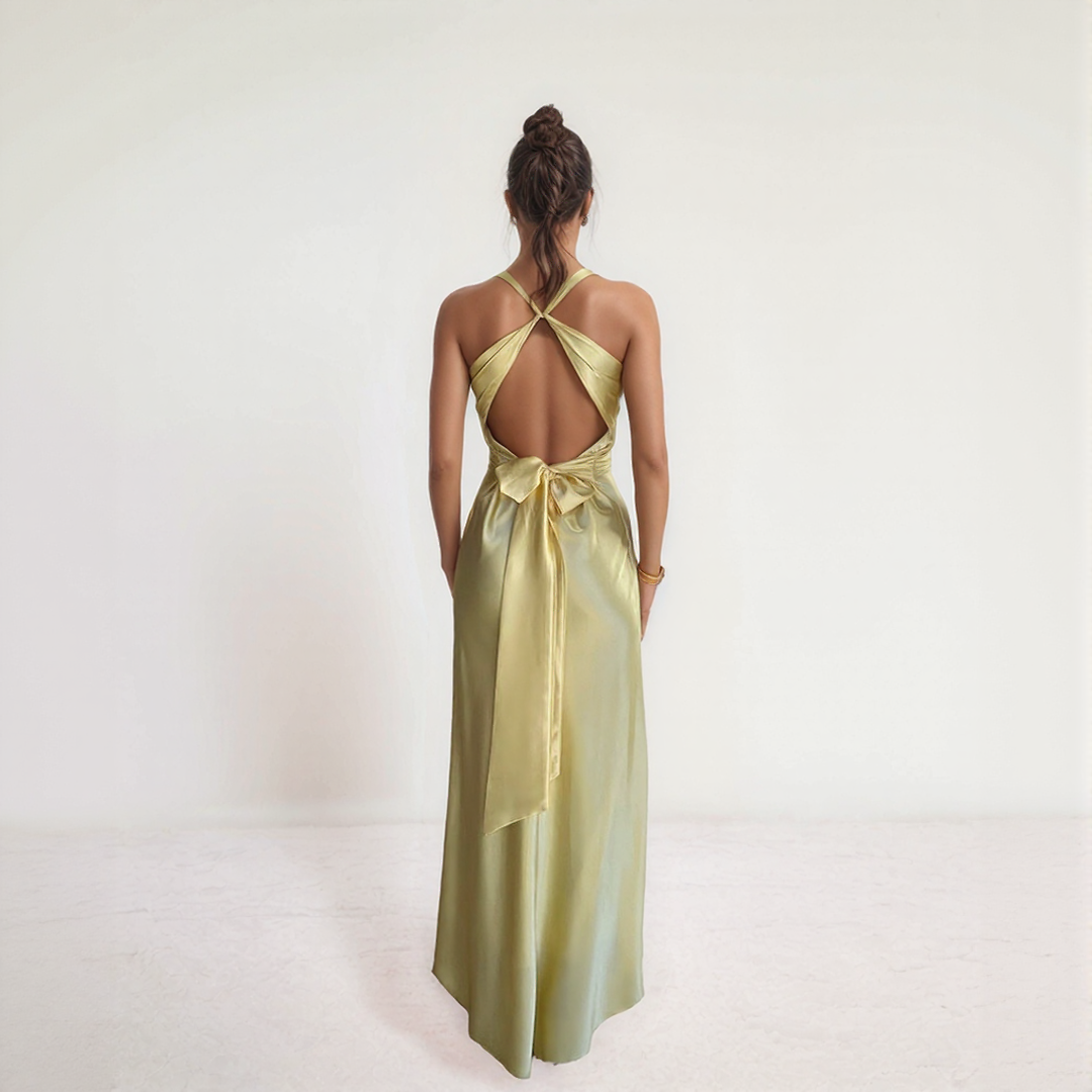 Aurelia Satin Twist Maxi Dress with Open Back