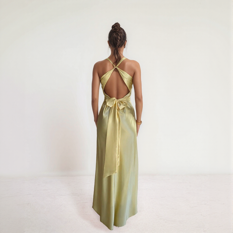 Aurelia Satin Twist Maxi Dress with Open Back
