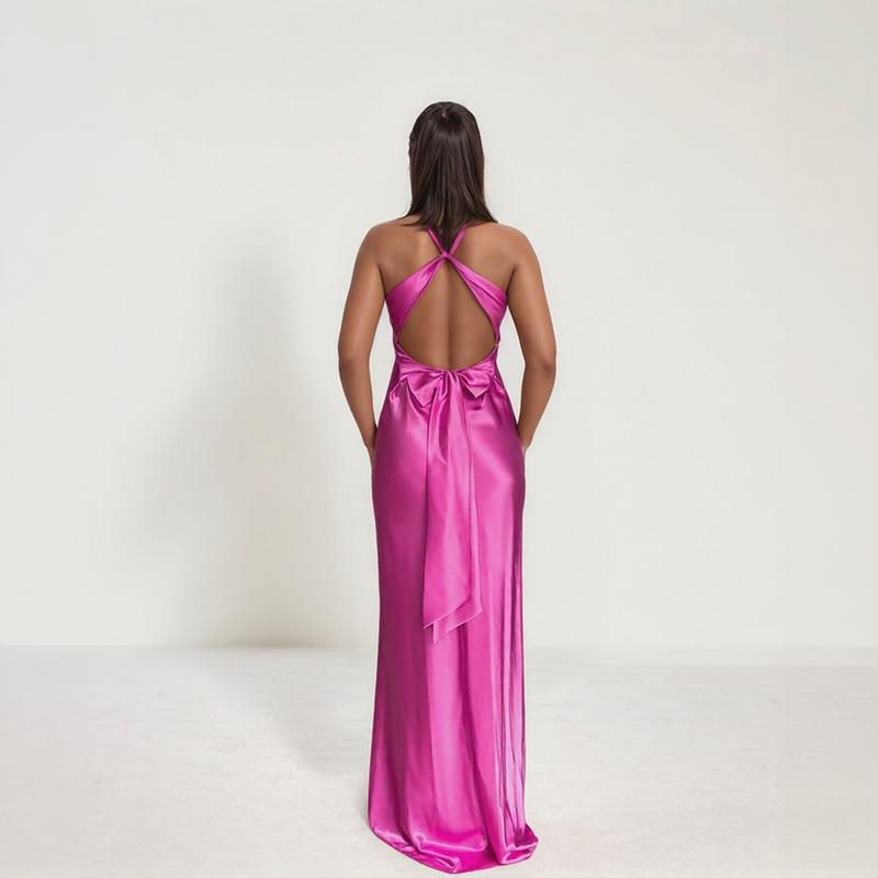 Aurelia Satin Twist Maxi Dress with Open Back