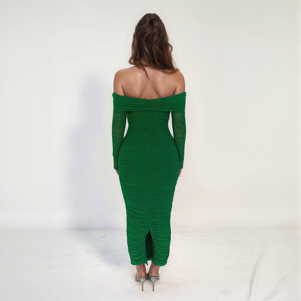 Aurelia Off-Shoulder Mesh Ruched Midi Dress