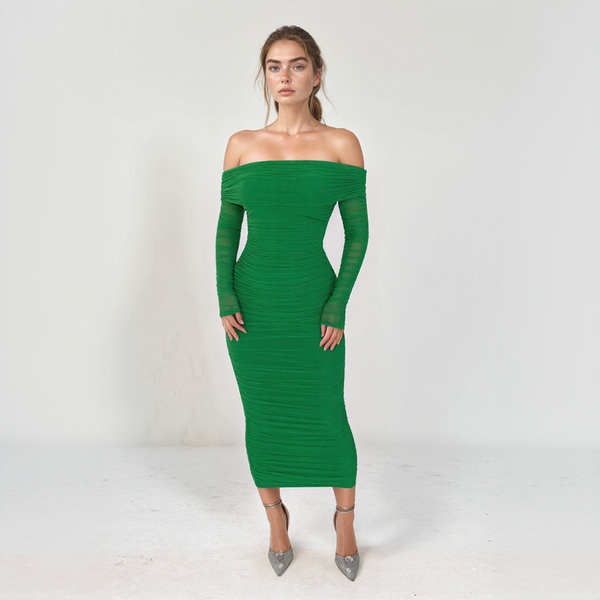 Aurelia Off-Shoulder Mesh Ruched Midi Dress