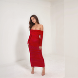 Aurelia Off-Shoulder Mesh Ruched Midi Dress