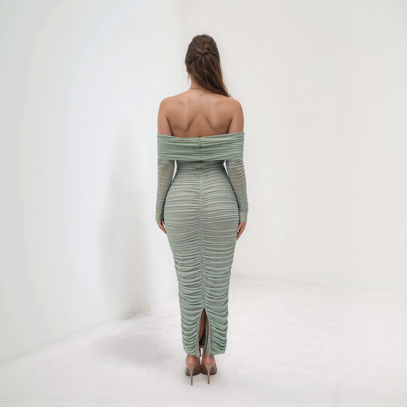 Aurelia Off-Shoulder Mesh Ruched Midi Dress
