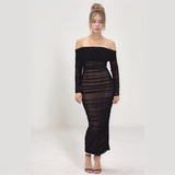 Aurelia Off-Shoulder Mesh Ruched Midi Dress