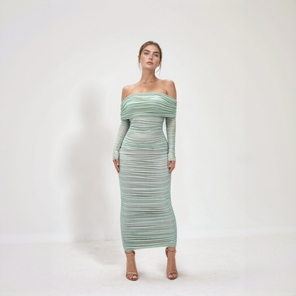 Aurelia Off-Shoulder Mesh Ruched Midi Dress