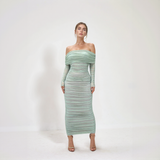 Aurelia Off-Shoulder Mesh Ruched Midi Dress