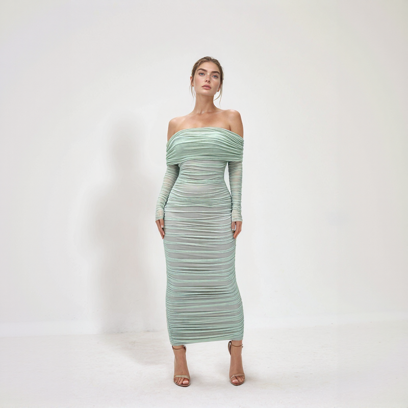 Aurelia Off-Shoulder Mesh Ruched Midi Dress