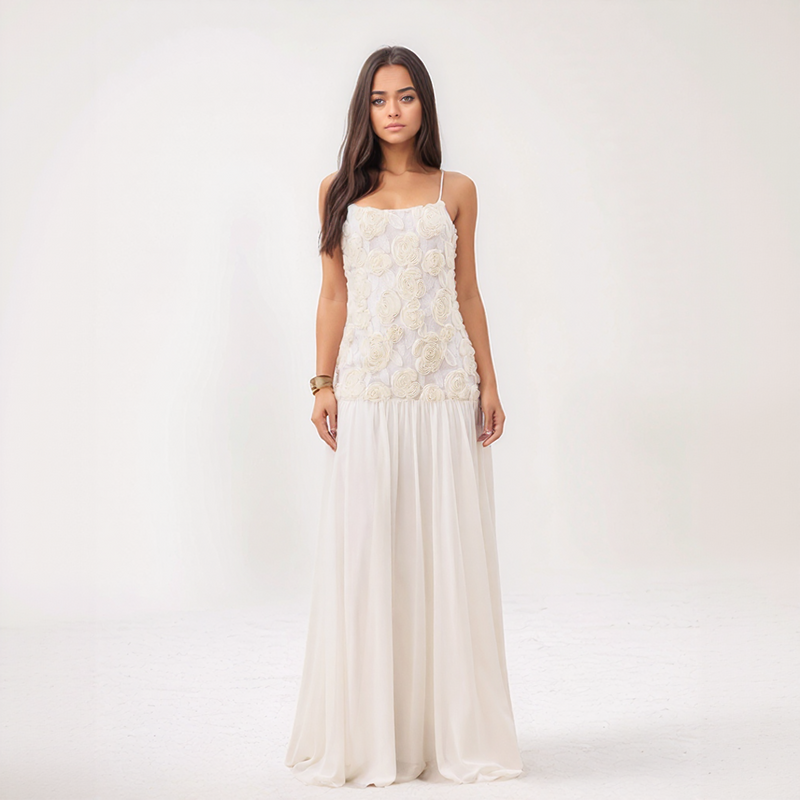 Amara Floral Appliqué Pleated Chiffon Maxi Dress