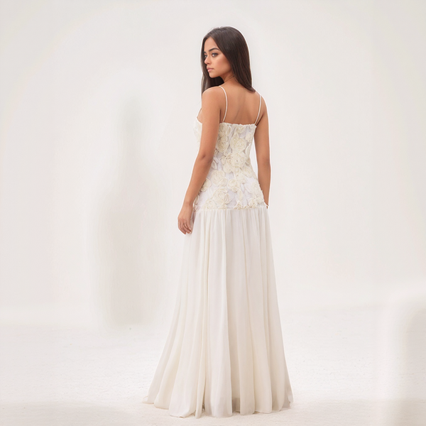 Amara Floral Appliqué Pleated Chiffon Maxi Dress
