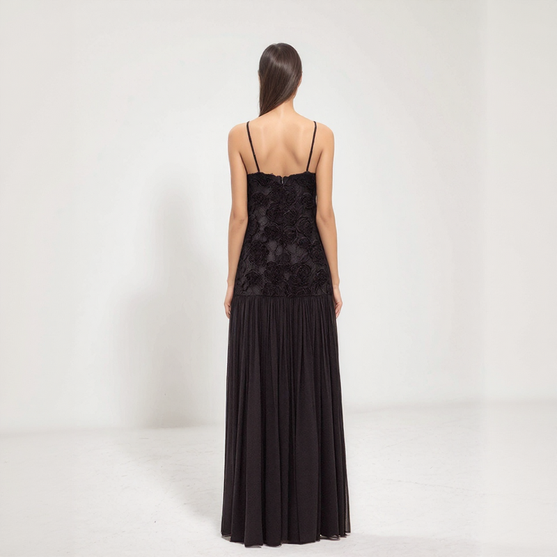 Amara Floral Appliqué Pleated Chiffon Maxi Dress