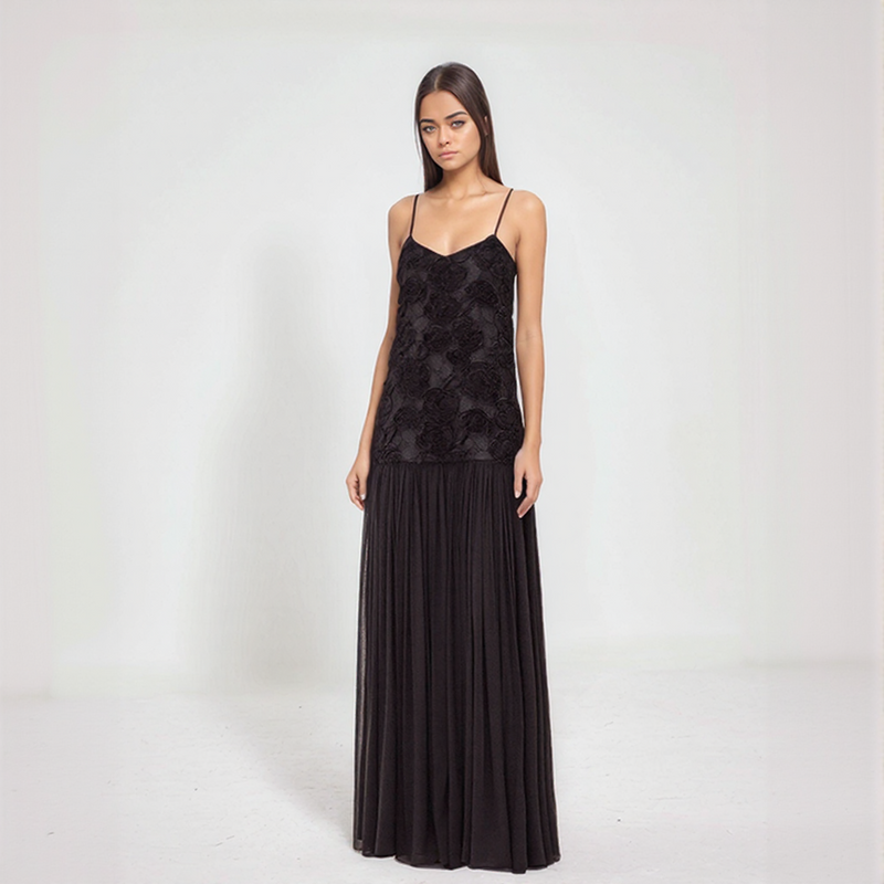 Amara Floral Appliqué Pleated Chiffon Maxi Dress