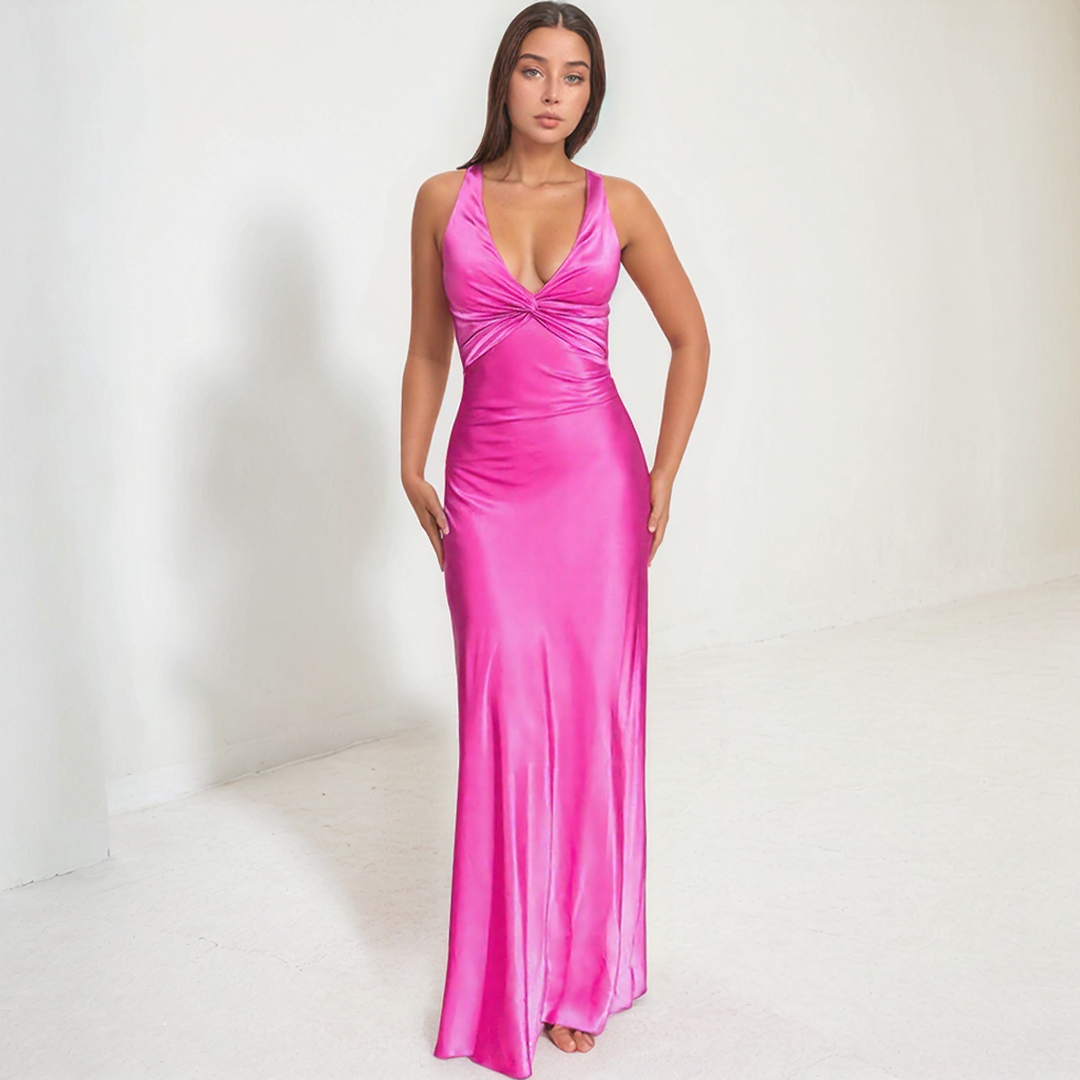 Aurelia Satin Twist Maxi Dress with Open Back