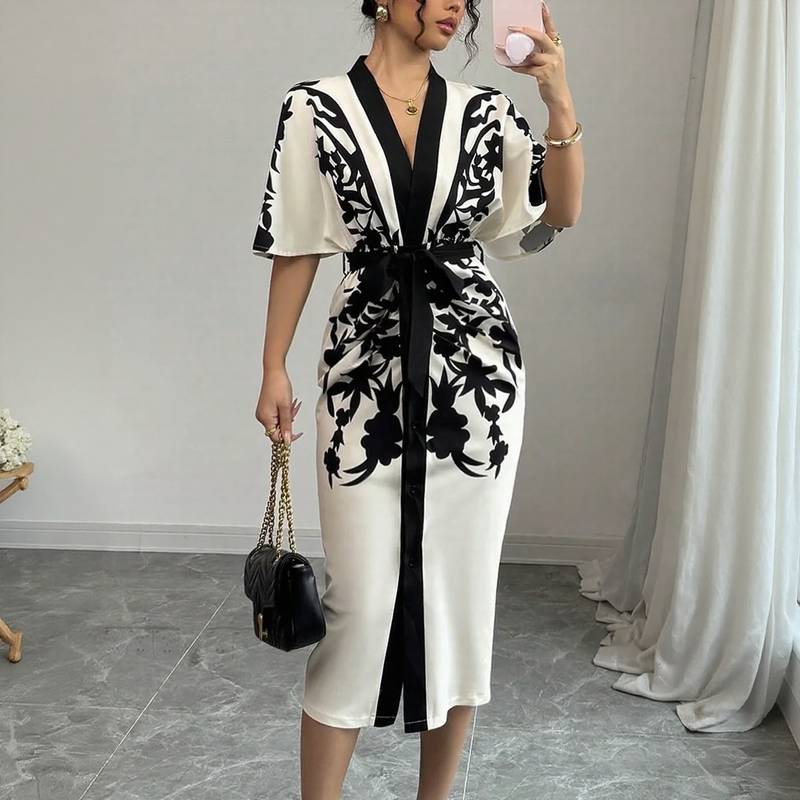 Maribel V-Neck Floral Belted Midi Dress