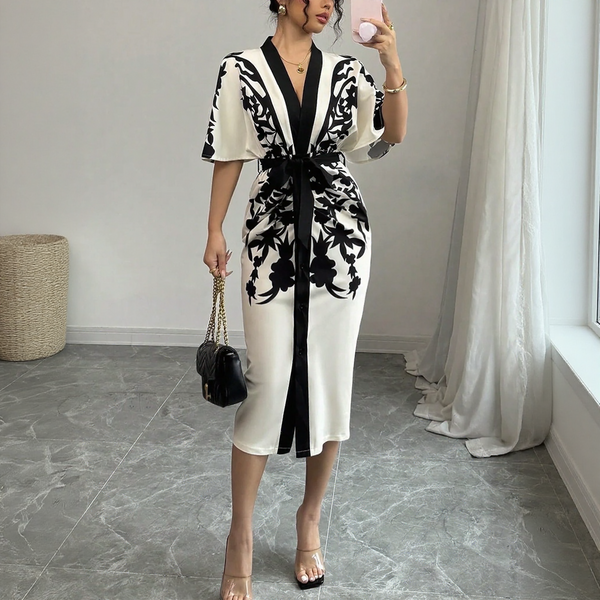 Maribel V-Neck Floral Belted Midi Dress